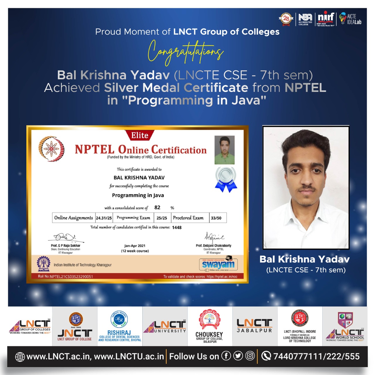 Silver Medal In NPTEL Certification For The Course Programming In Java LNCT Group