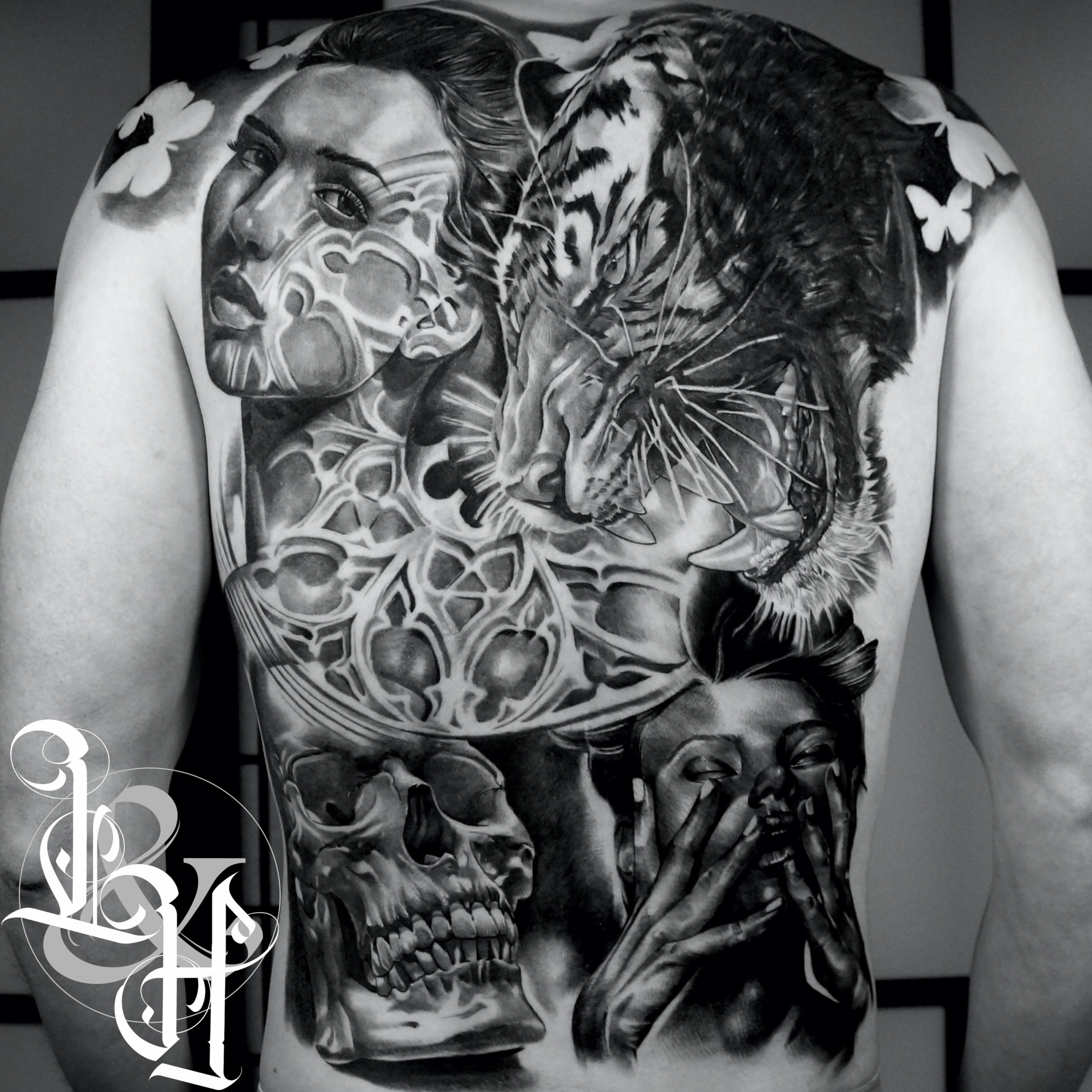 Black and Grey Full Back Tattoo Love n Hate
