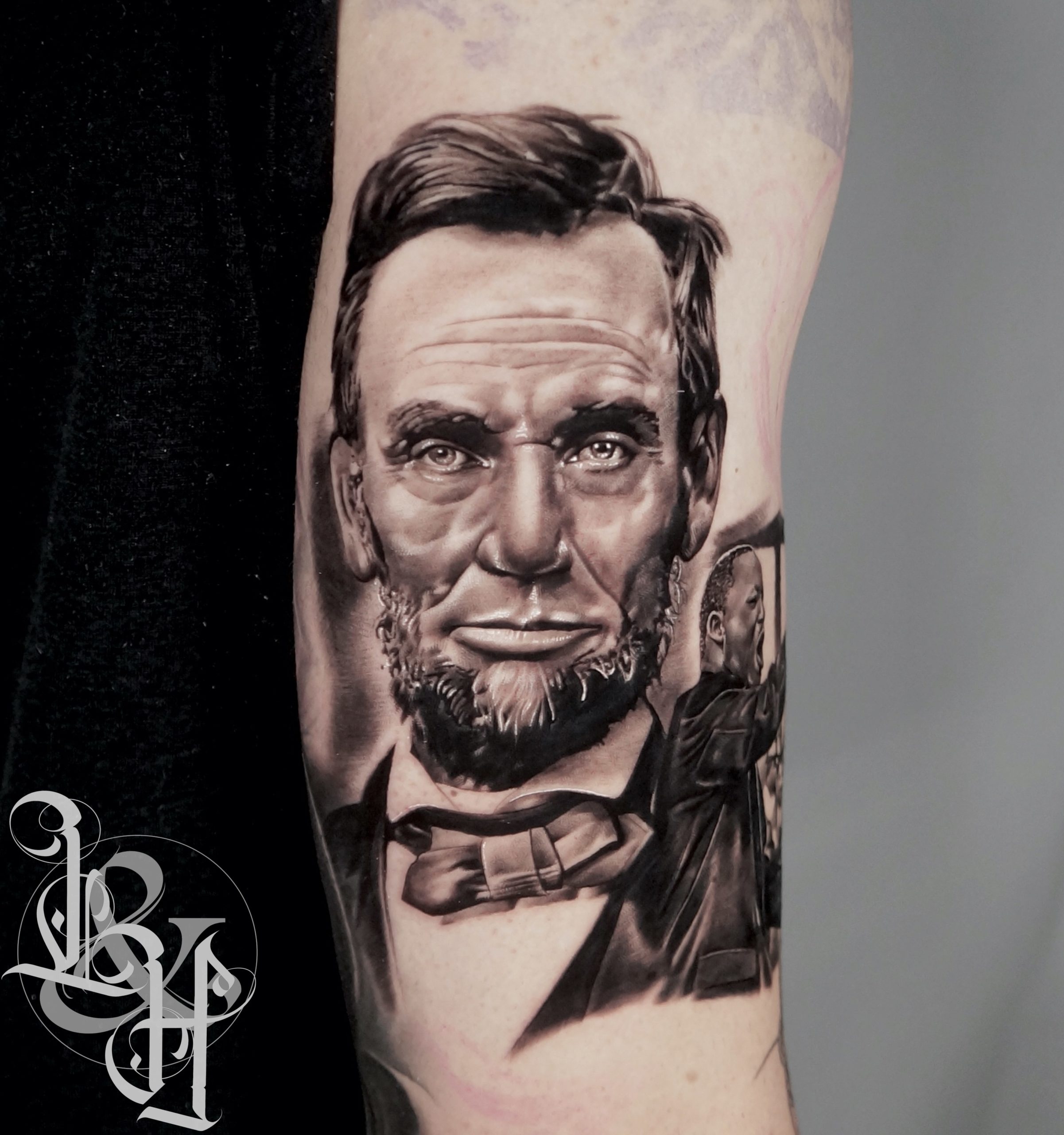 Black and Grey Abraham Lincoln Portrait Tattoo Love n Hate
