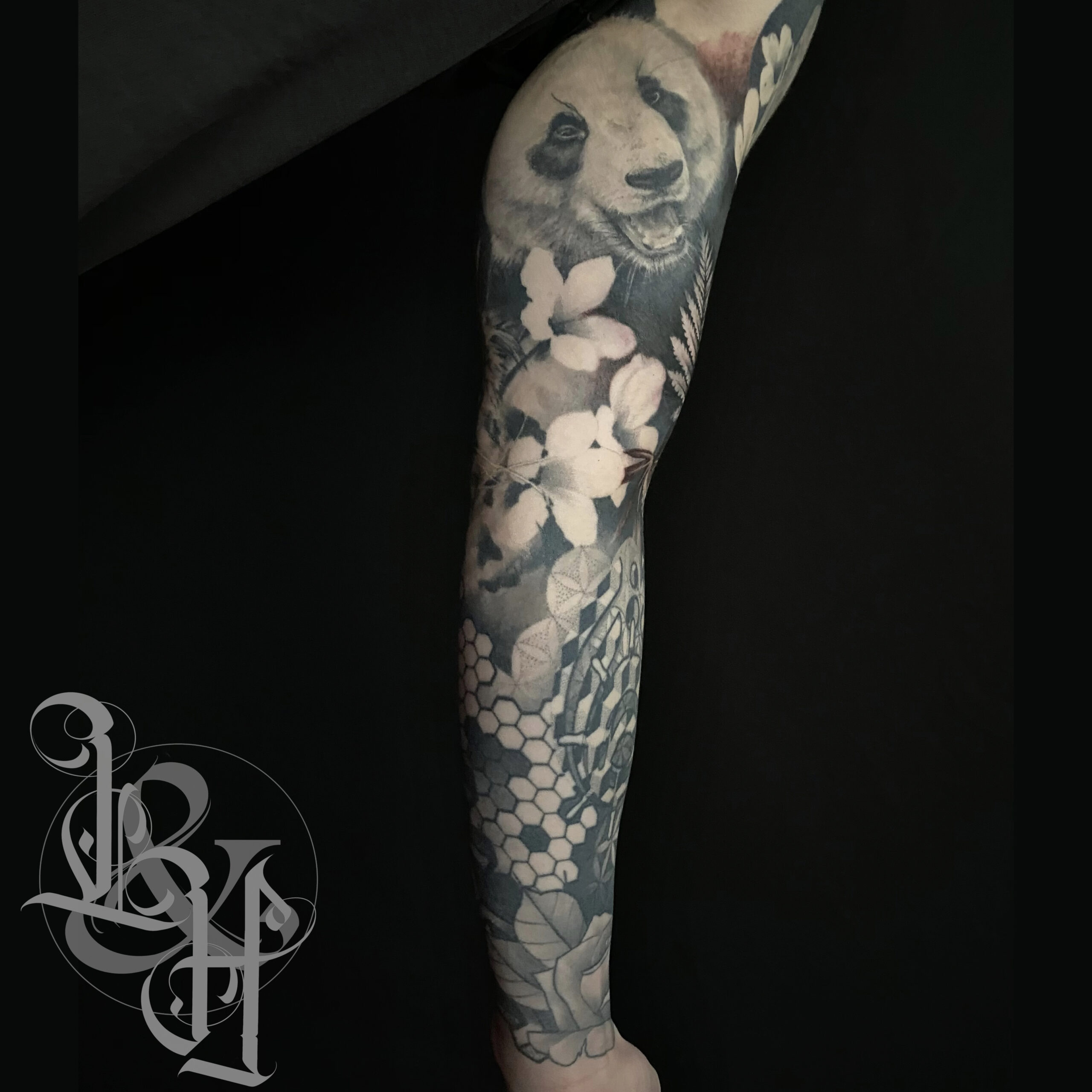 Black and Grey Realism Japanese Themed Sleeve Tattoo Love n Hate