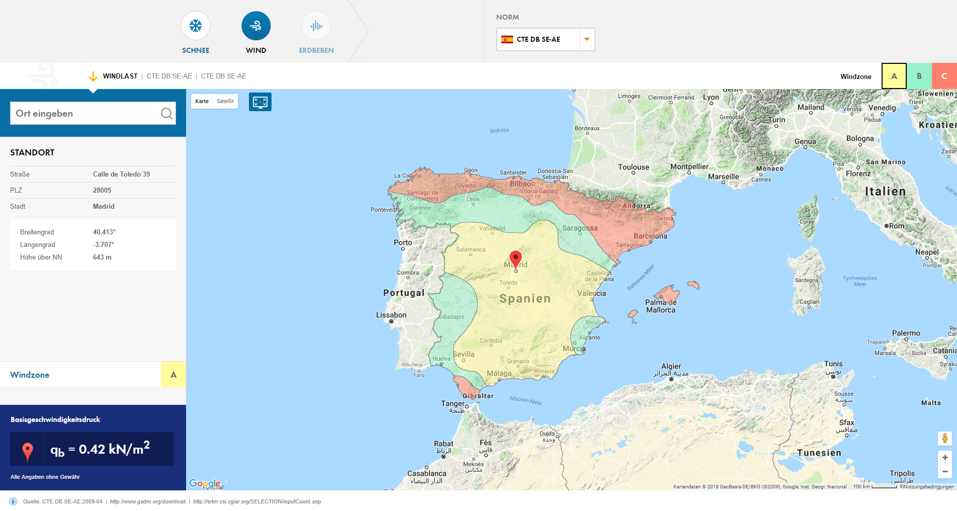 Wind zones of Spain according to CTE DB SEAE