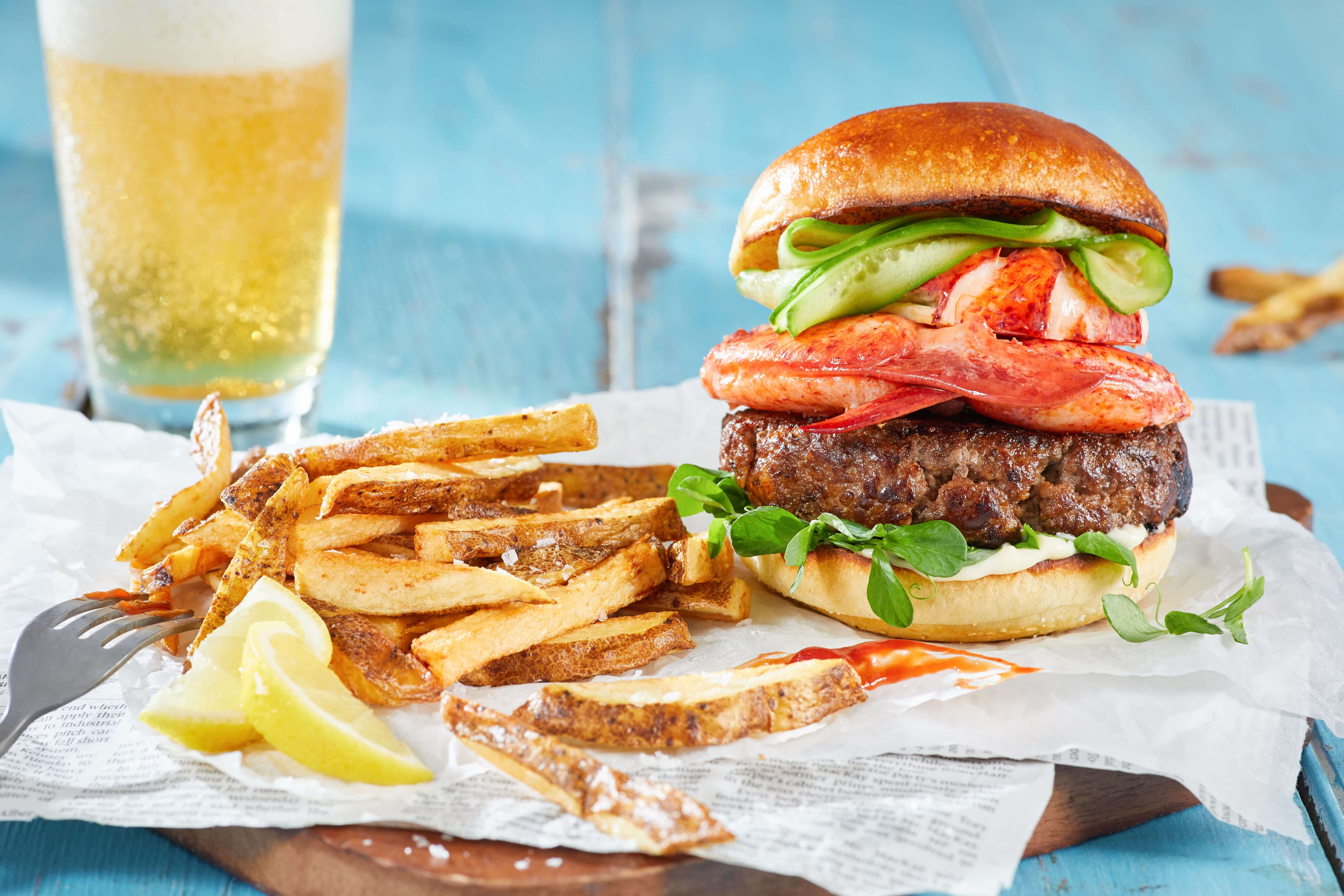 Surf n Turf Lobster and Beef Burger with Crispy Oven Fries Lobster PEI