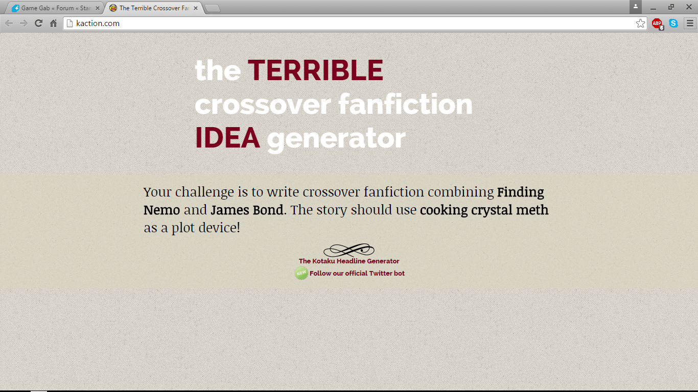 The Terrible Crossover Fanfic Generator « Writing « Forum