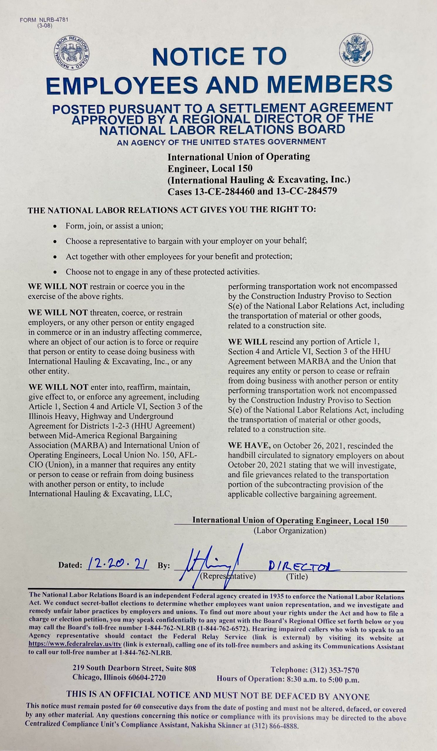 Notice to Employees and Members International Hauling & Excavating