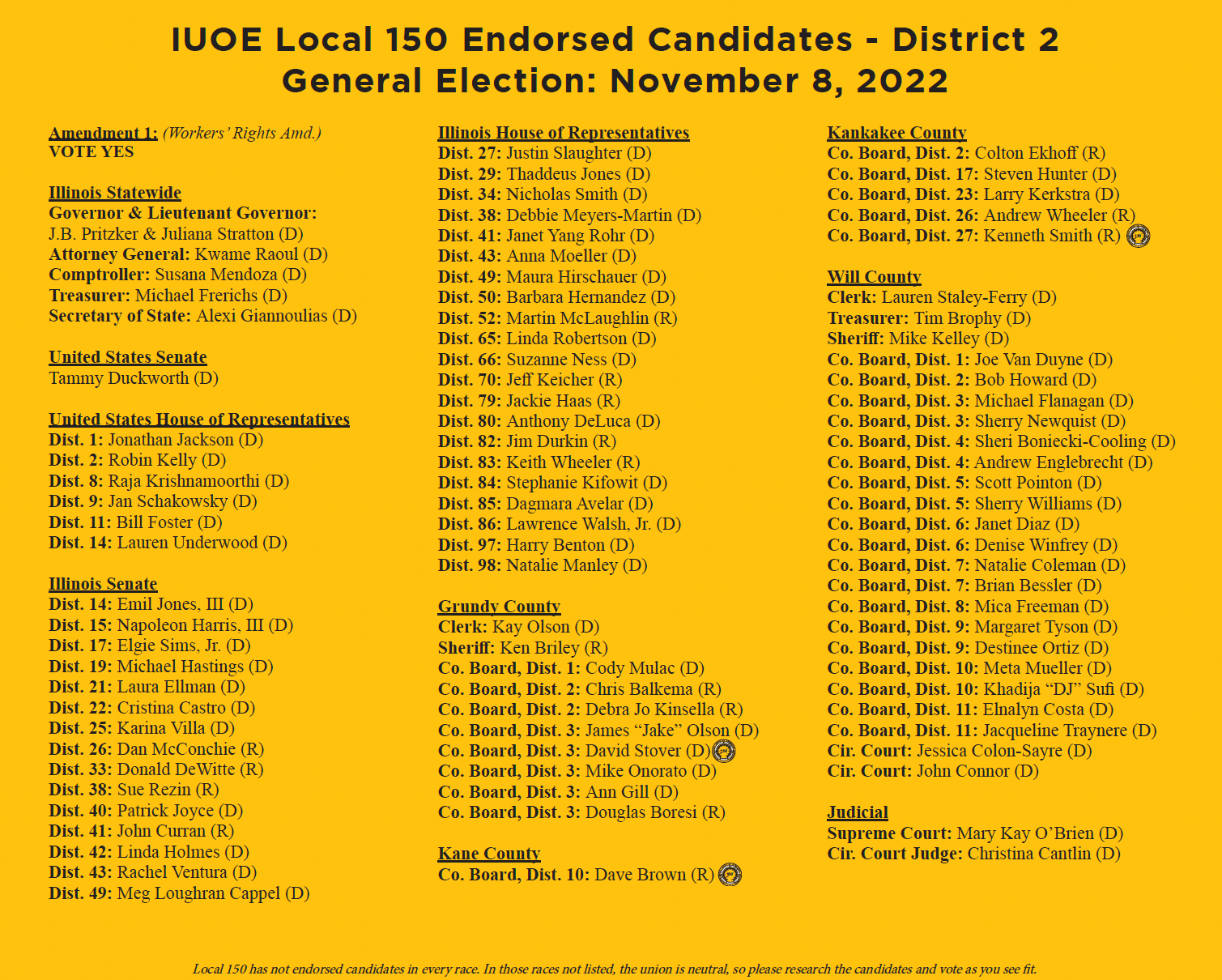 Local 150's Endorsed Candidates Announced for 2022 General Election