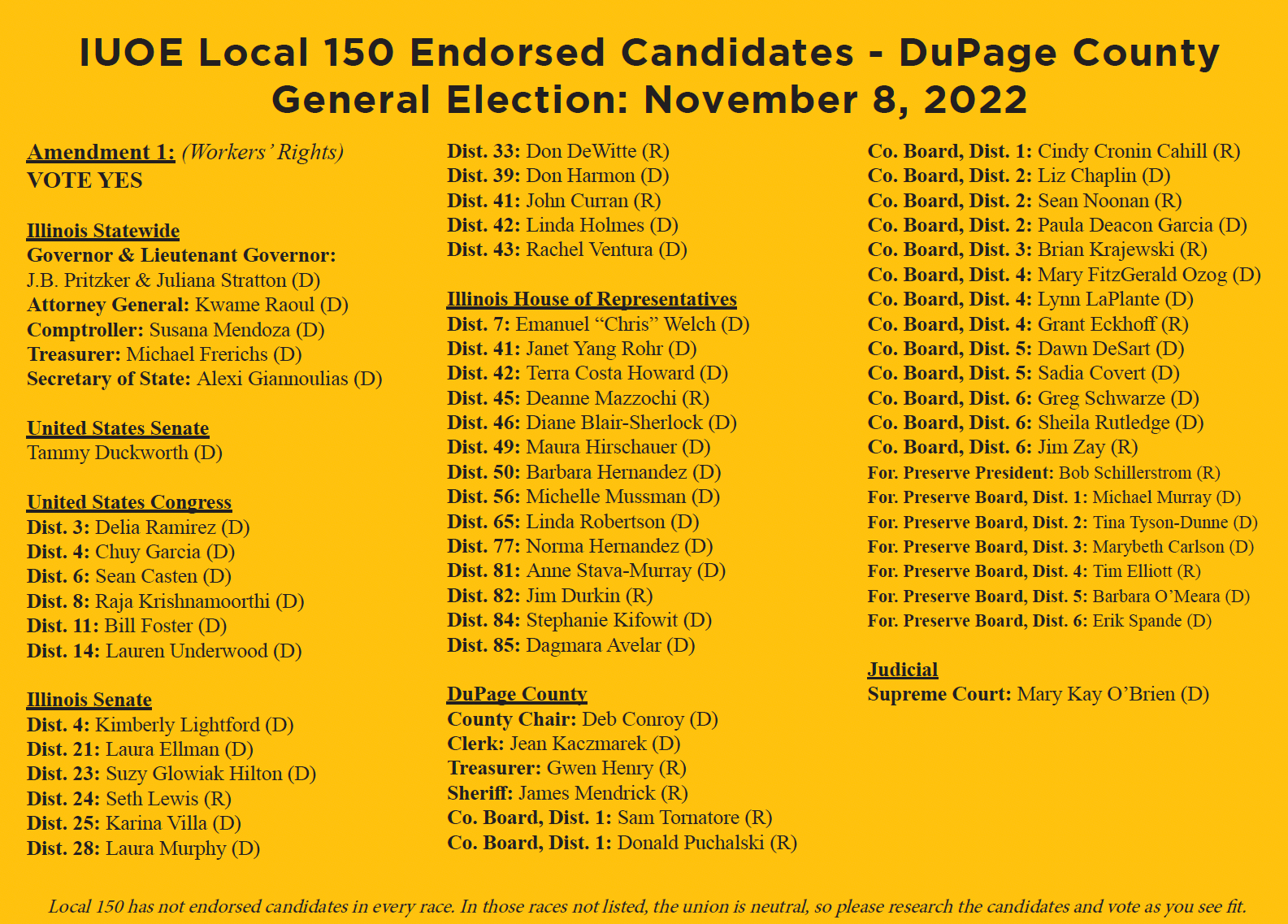 Local 150's Endorsed Candidates Announced for 2022 General Election