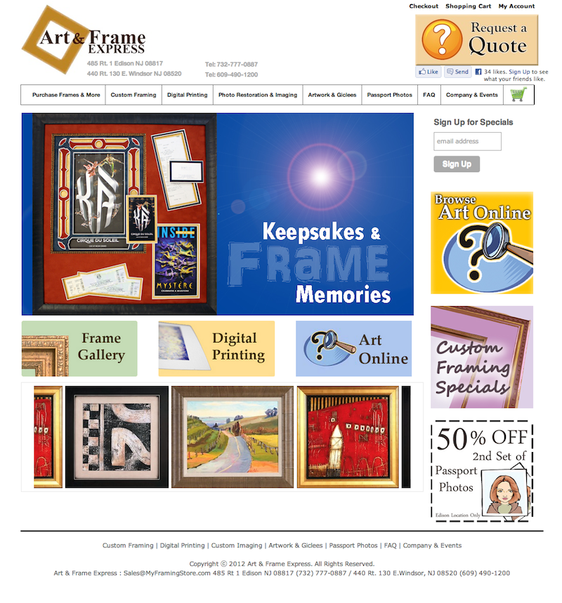 custom framing website design / shopping cart integration