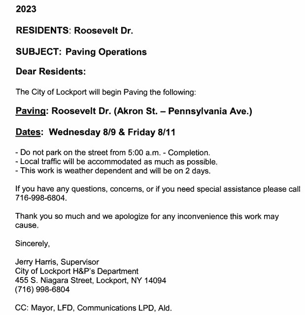 Paving Notice Roosevelt Drive Lockport, NY