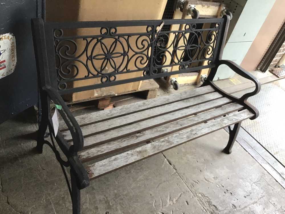 Brown Wood Slat Black Metal Legs Park Bench