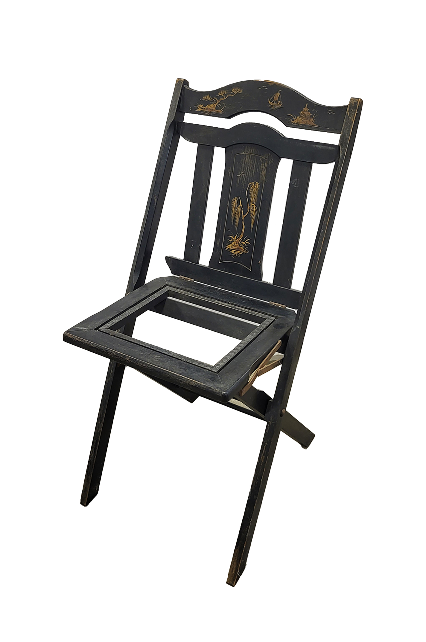 Black Vintage Folding Chair, Willow Painting Accents Black RIm, No Seat