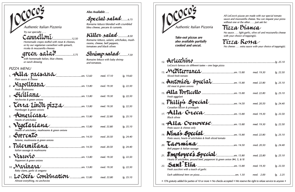 Lococos Menu Lo Coco's Authentic Italian PizzeriaLo Coco's Authentic