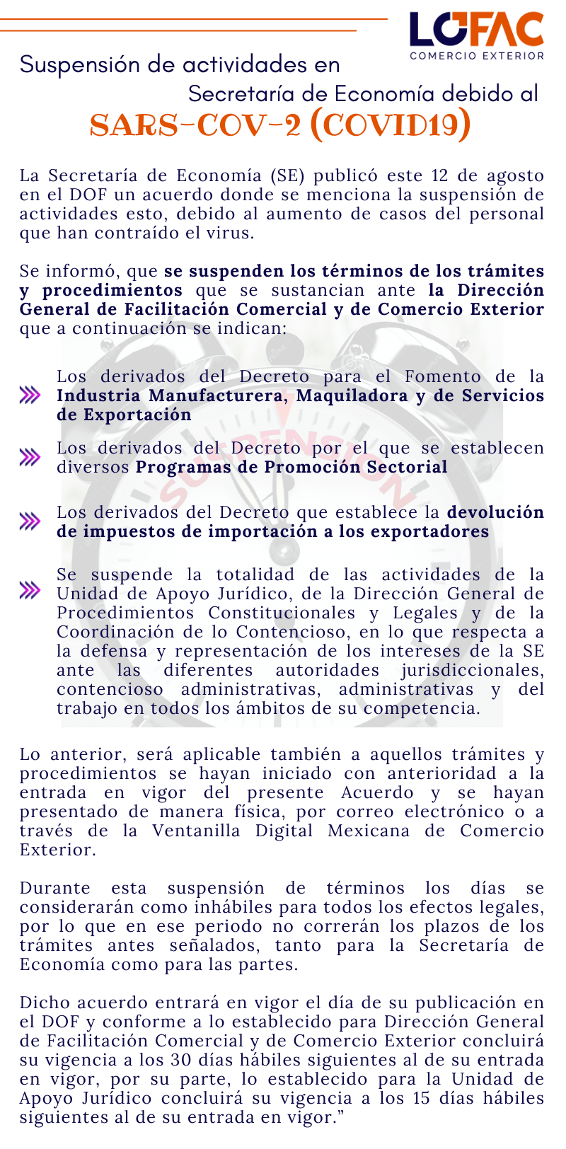 Suspensión de actividades en SE. por Covid19 LOFAC