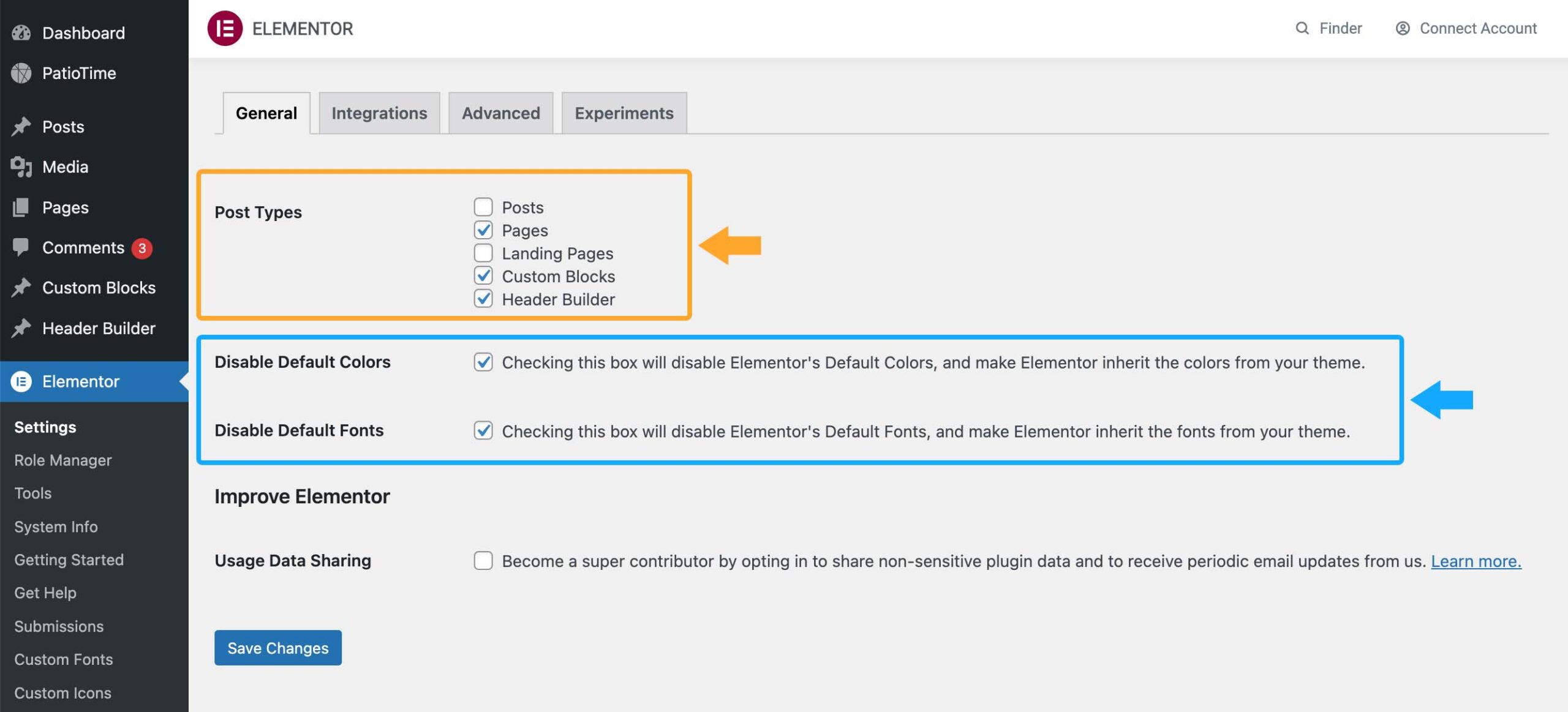 Elementor General Settings PatioTime Knowledge Base