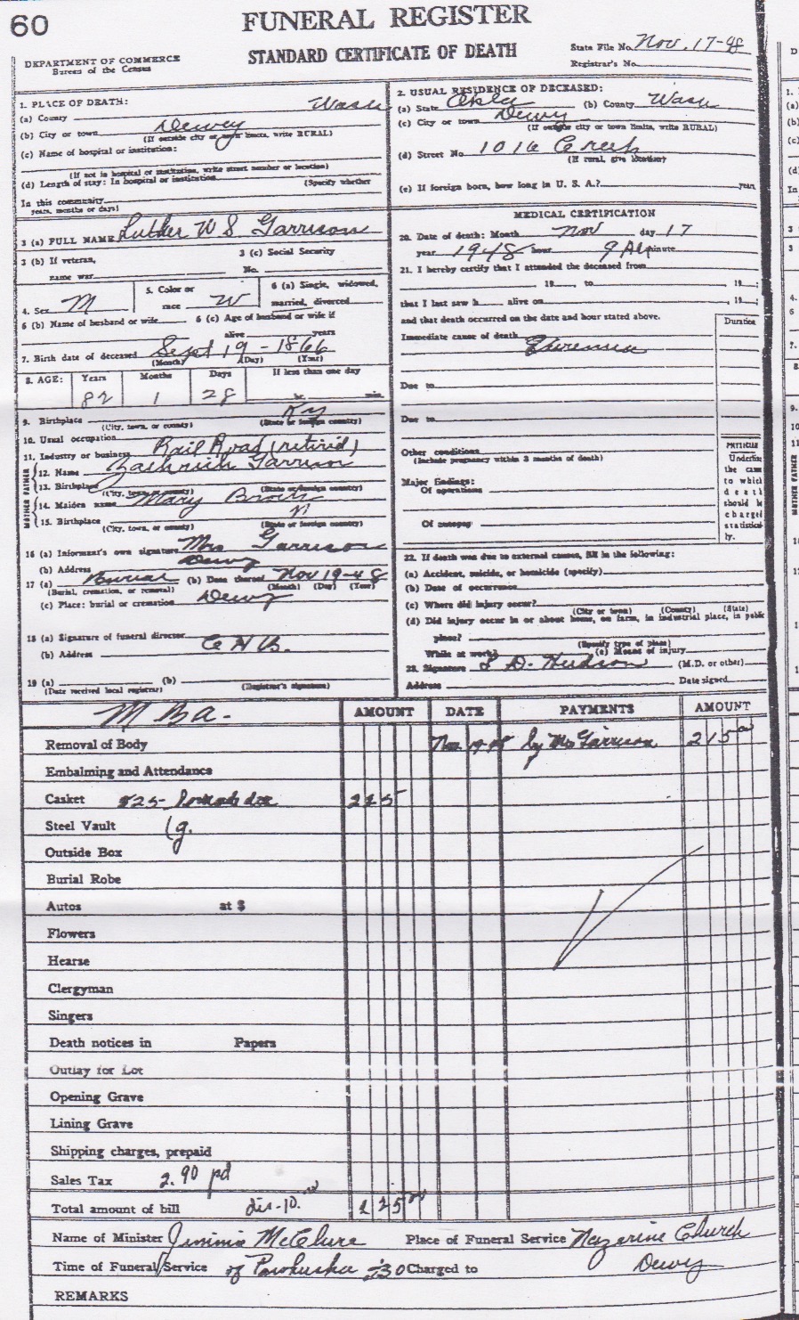 Death certificate Luther W.S. Garrison, Dewey, Washington County