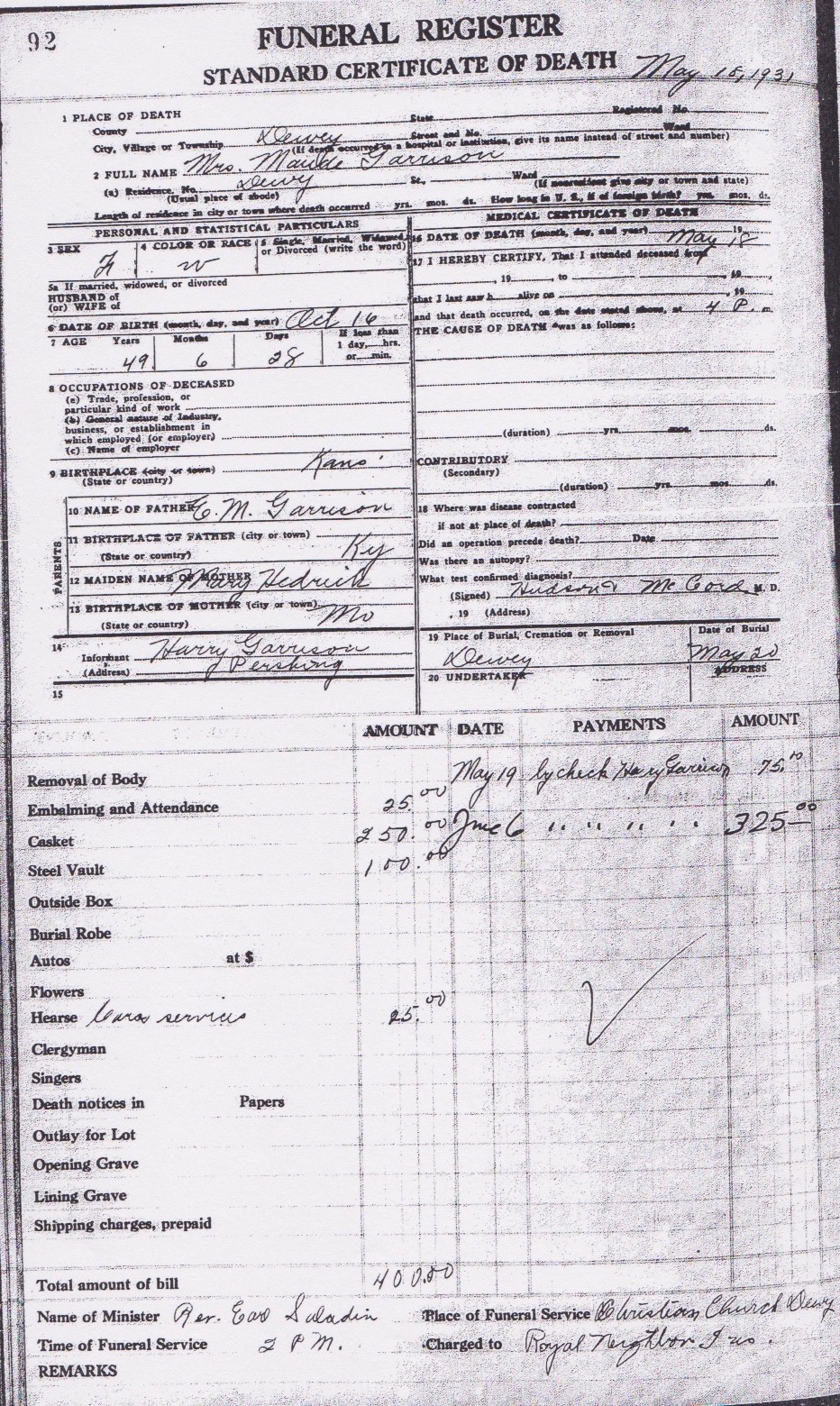 Death certificate Maude Garrison, Dewey, Washington County, Oklahoma