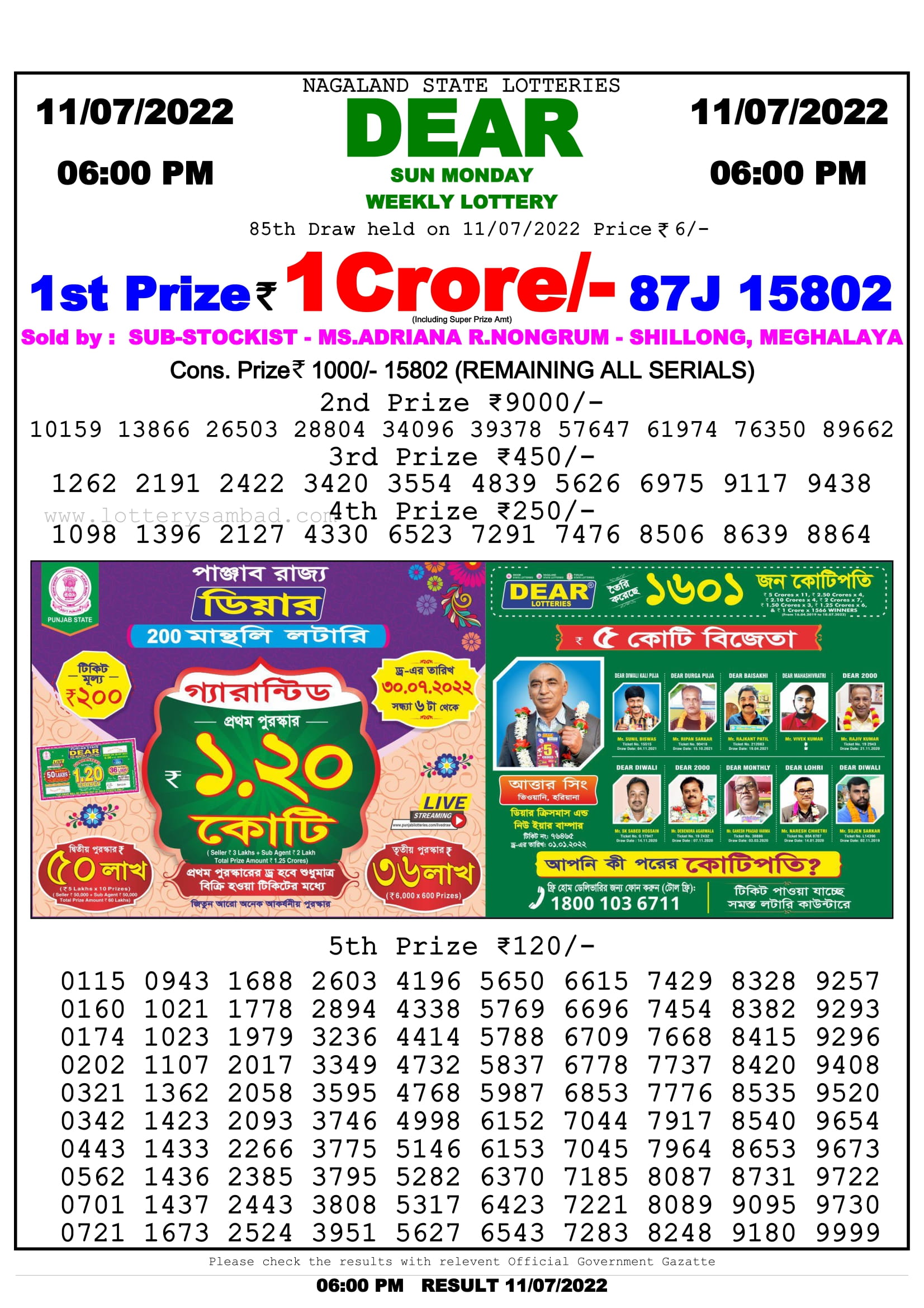 {6PM}Nagaland Dear SUN Weekly Lottery ResultLiveSun Monday Weekly Lottery 85Draw
