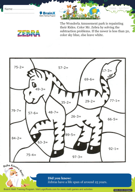 Color Me Zebra Math Worksheet For Grade 1 | Free & Printable Worksheets
