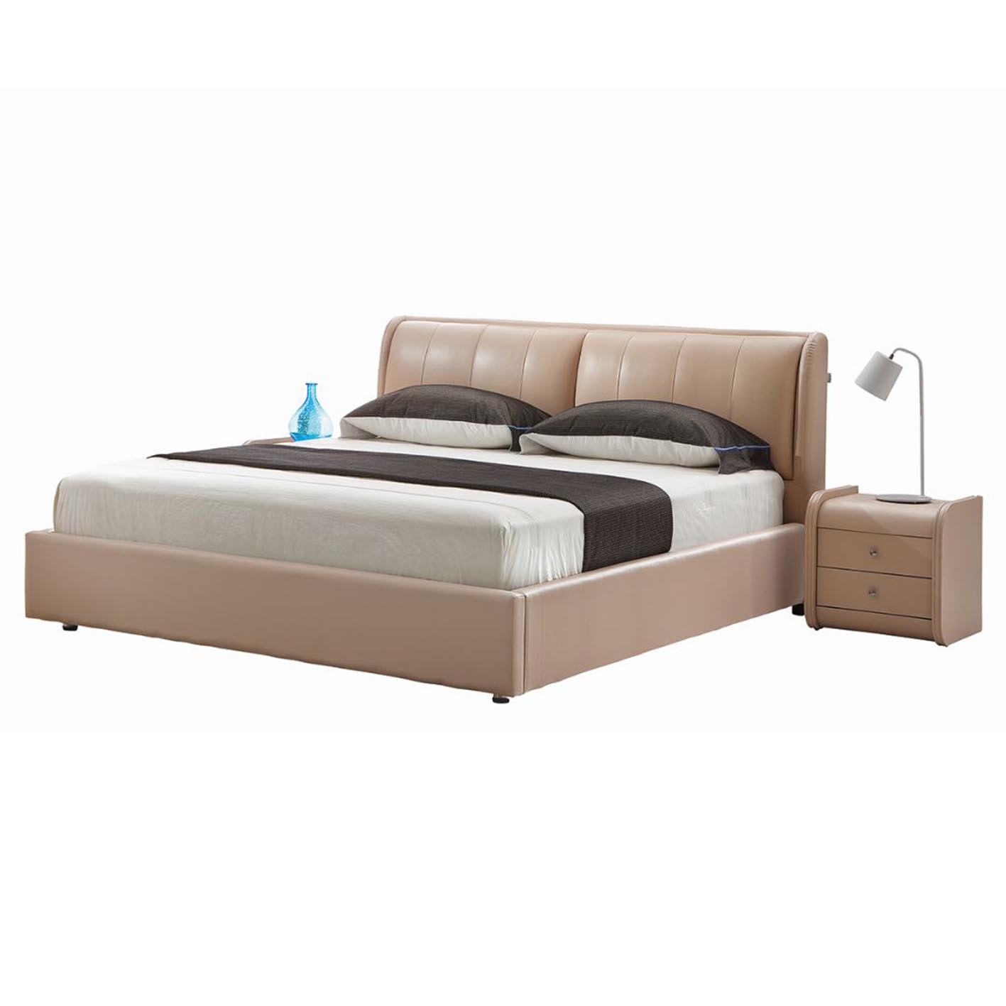 double wooden frame cream color leather bed on sale