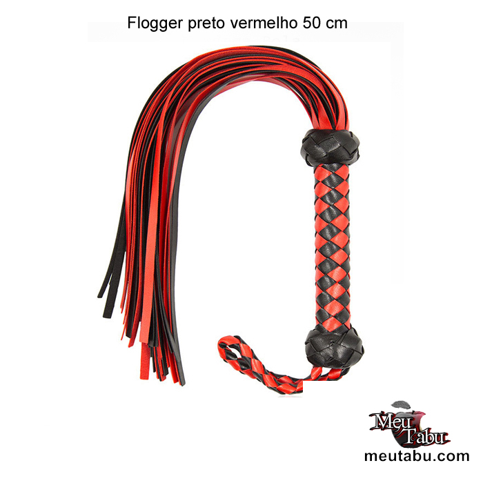 Flogger couro preto vermelho 50 cm MeuTabu