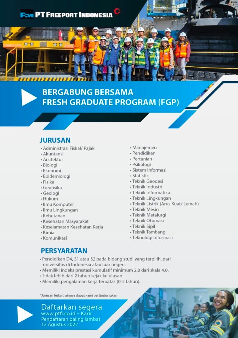 Lowongan Fresh Graduate Program (FGP) PT Freeport Indonesia