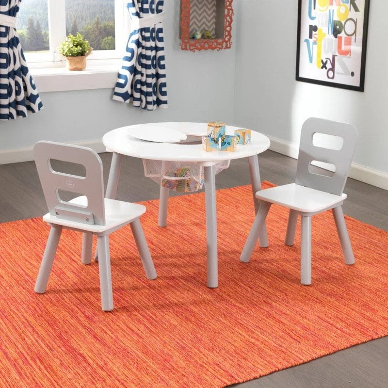 Round Storage Table & 2 Chair Set Gray & White Lola's Rooms