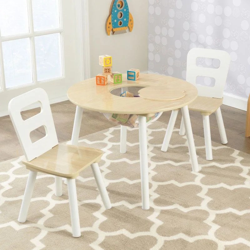 Round Storage Table & 2 Chair Set Natural & White Lola's Rooms