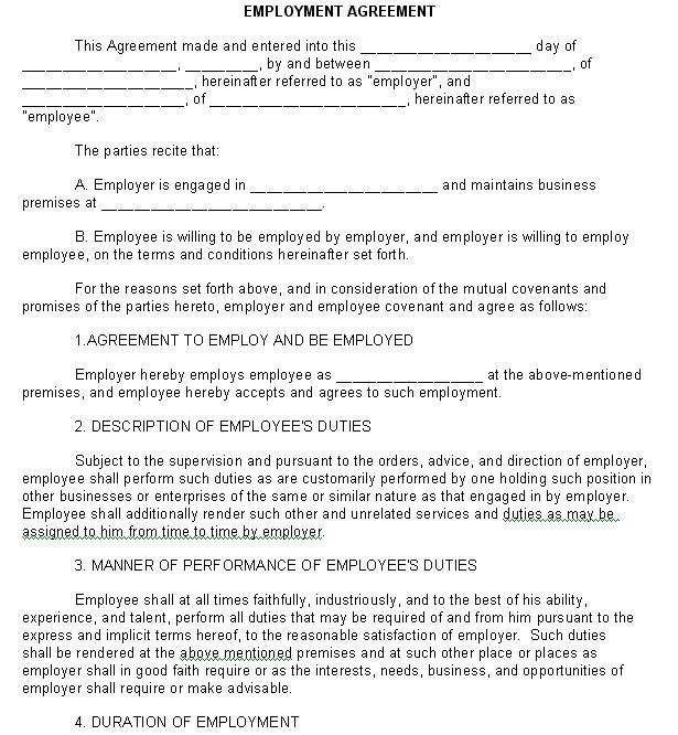 Employment Contract Example Free Printable Documents