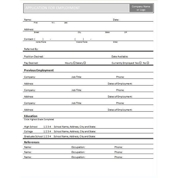 Job Application Template Free Printable Documents