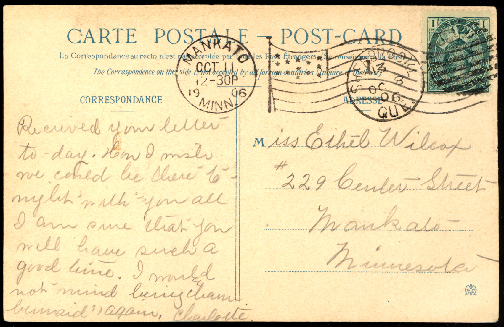 1906 Shortpaid, not caught divided back postcard. Longley Auctions