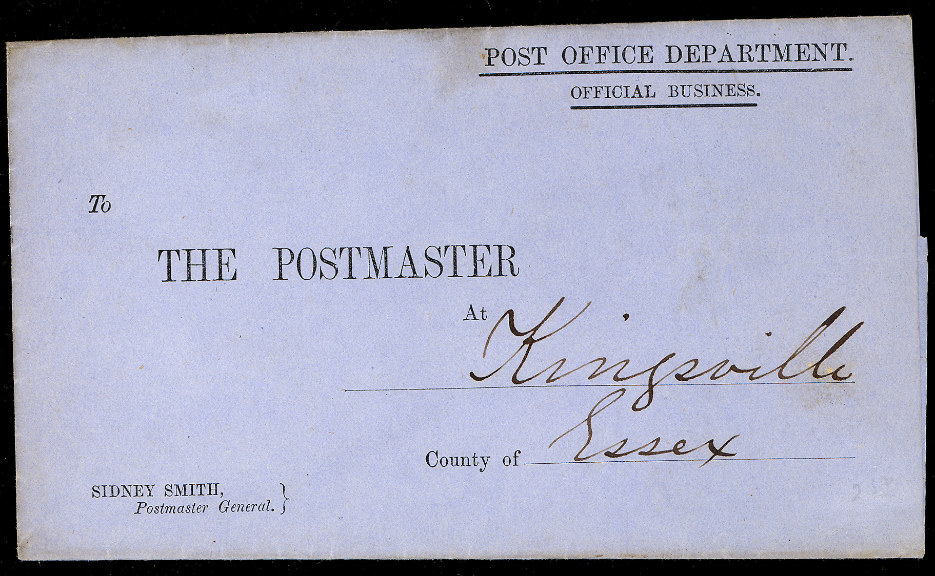 1855 Post Office Department, free, to Kingsville. Longley Auctions