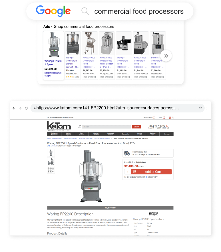 KaTom Restaurant Supply Outreach Shopping Longtail UX