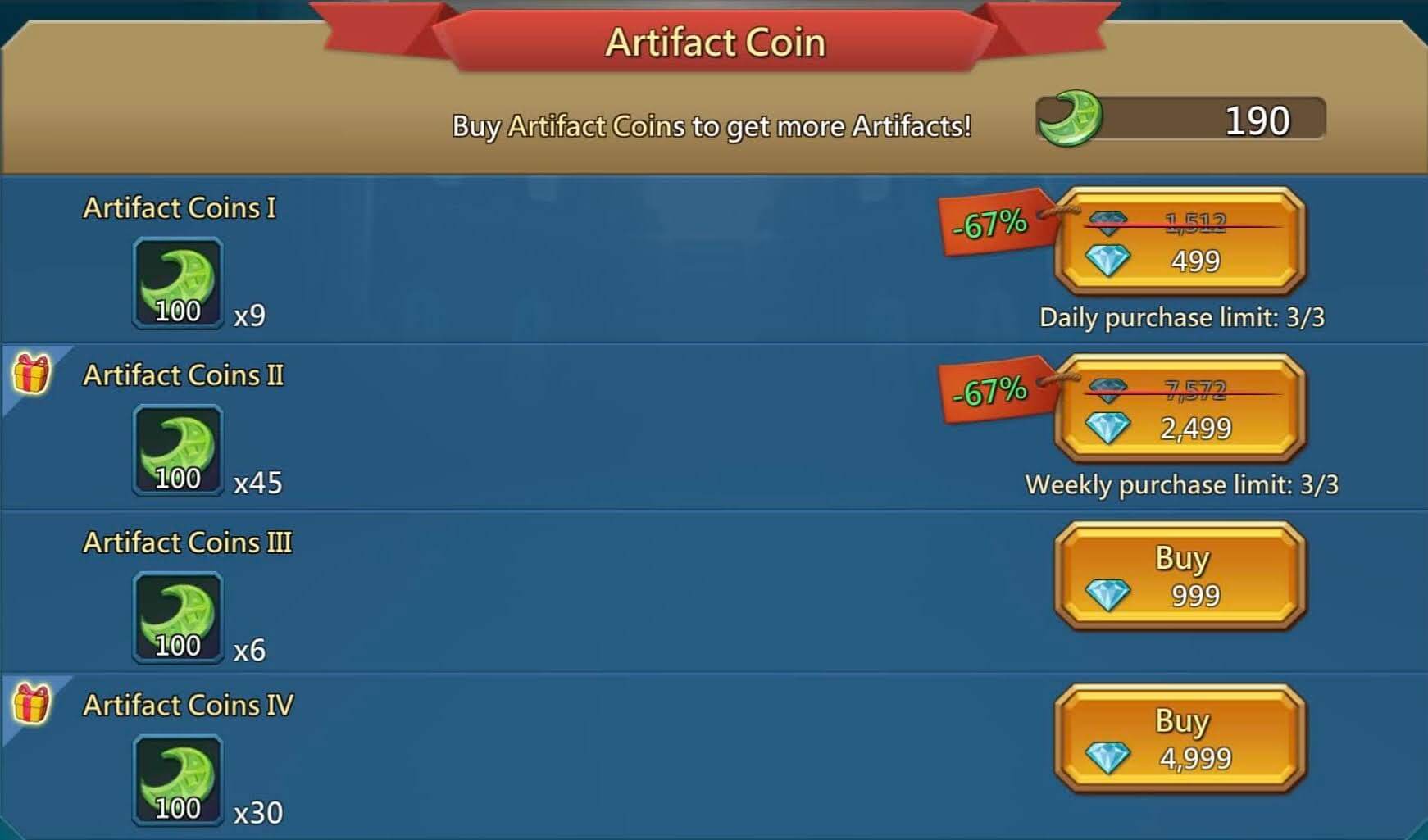 Artifact Coins Store Pack Lords Mobile Lords Mobile Pro