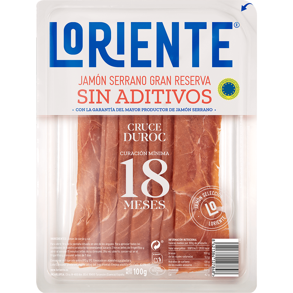 JAMÓN SERRANO SIN ADITIVOS LONCHAS EXTRAFINAS 100g Loriente
