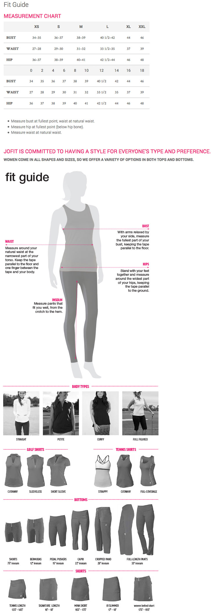 Lori's Golf Shoppe JoFit Golf Apparel Sizing Chart