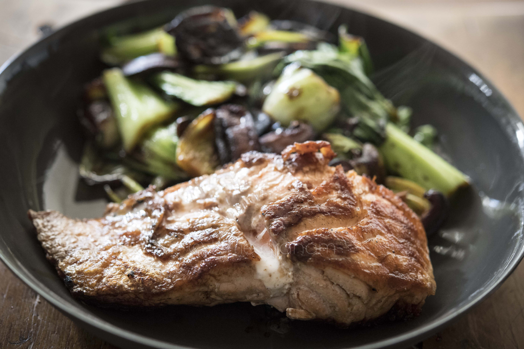 Salmon with Greens and Shitake Mushrooms lorrie graham