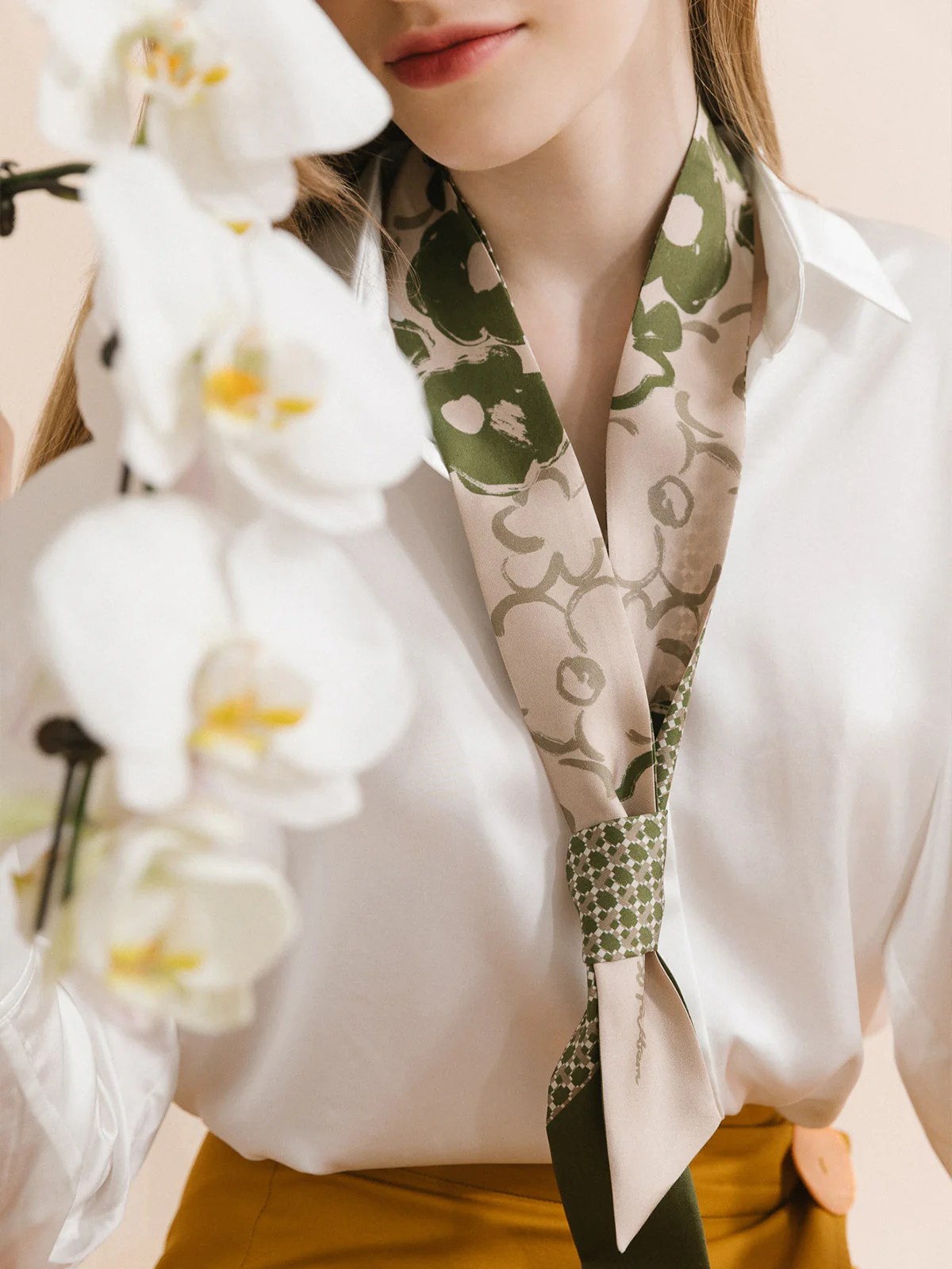 Floral Houndstooth" Silk Skinny Scarf | Silk Twilly | Twilly Scarf