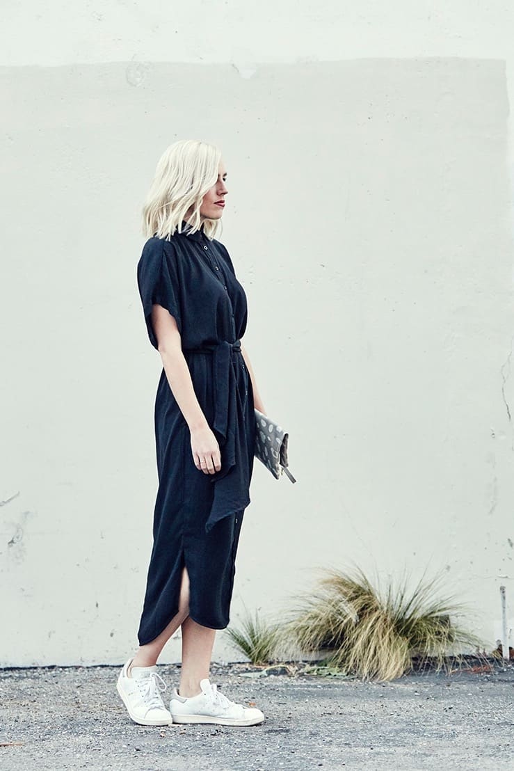 BLACK MIDI DRESS + WHITE SNEAKERS Love & Loathing Los Angeles