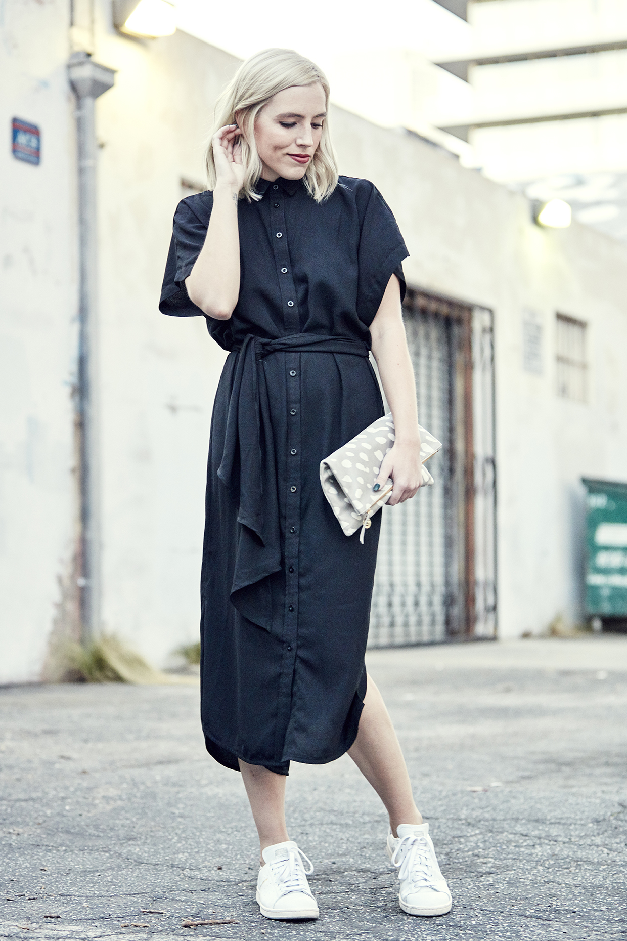 BLACK MIDI DRESS + WHITE SNEAKERS Love & Loathing Los Angeles