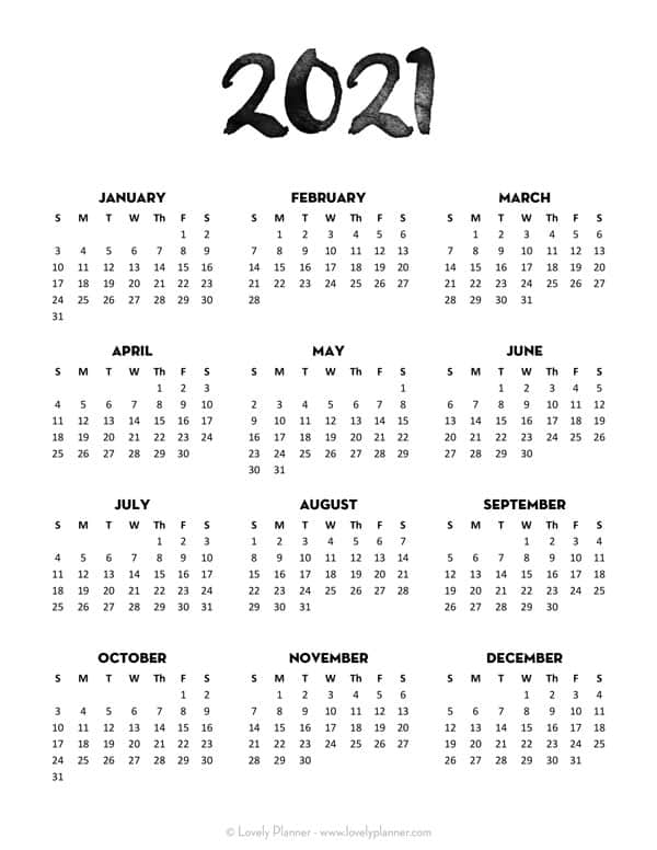 24 Pretty (& Free) Printable One Page Calendars for 2021 - Lovely Planner