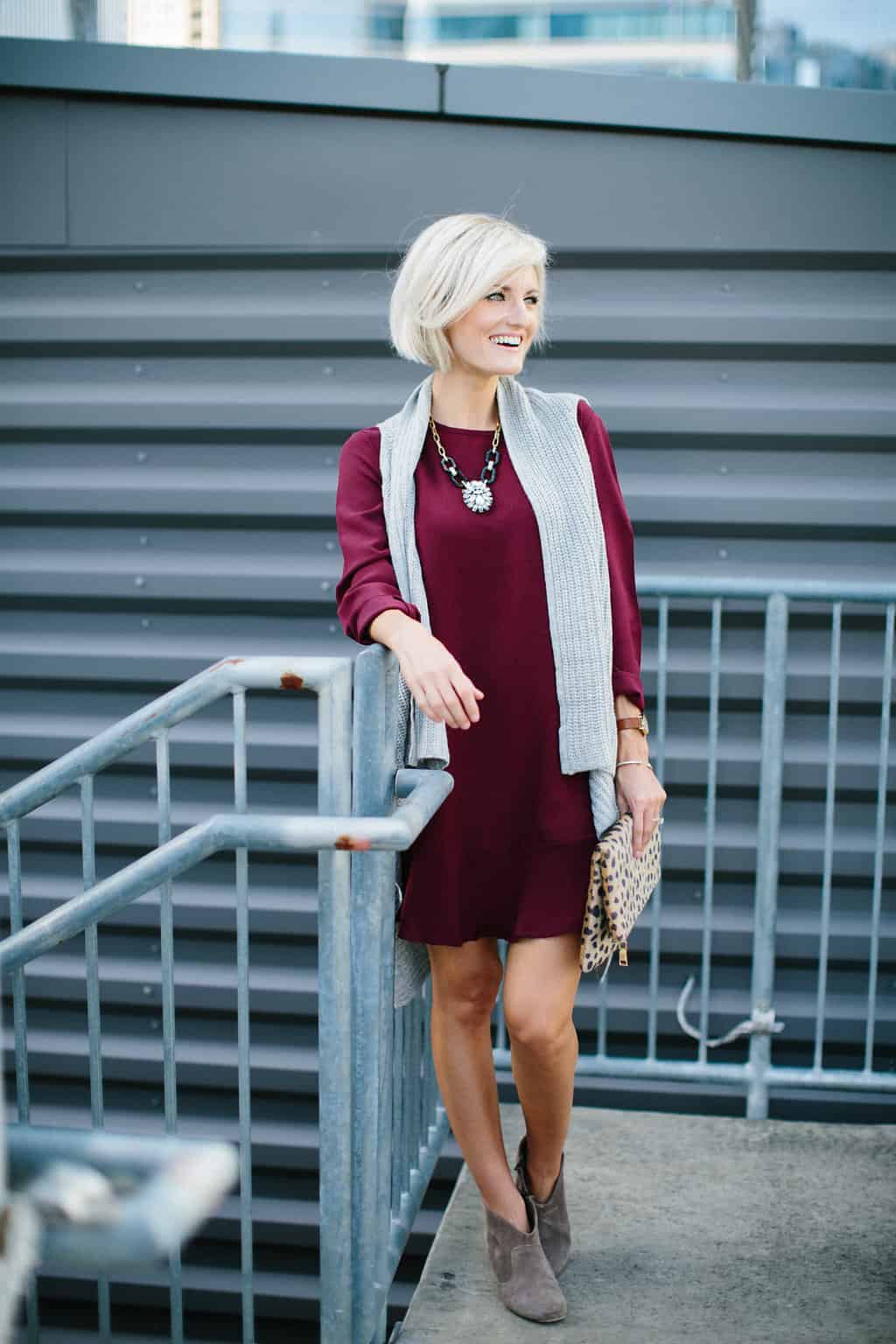 Sweater Vest + Burgundy Dress Loverly Grey