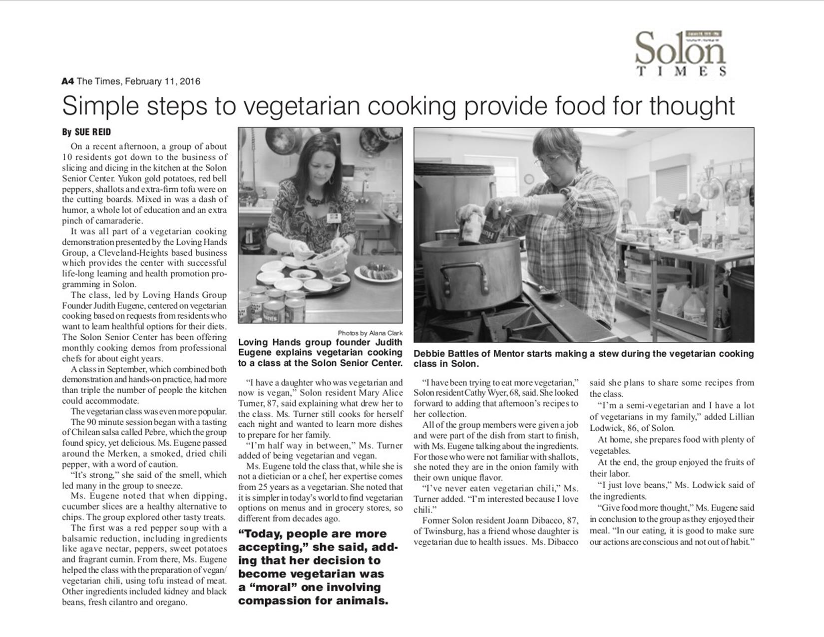 2/15/16 Our Cooking Class Featured in the Solon Times The Loving