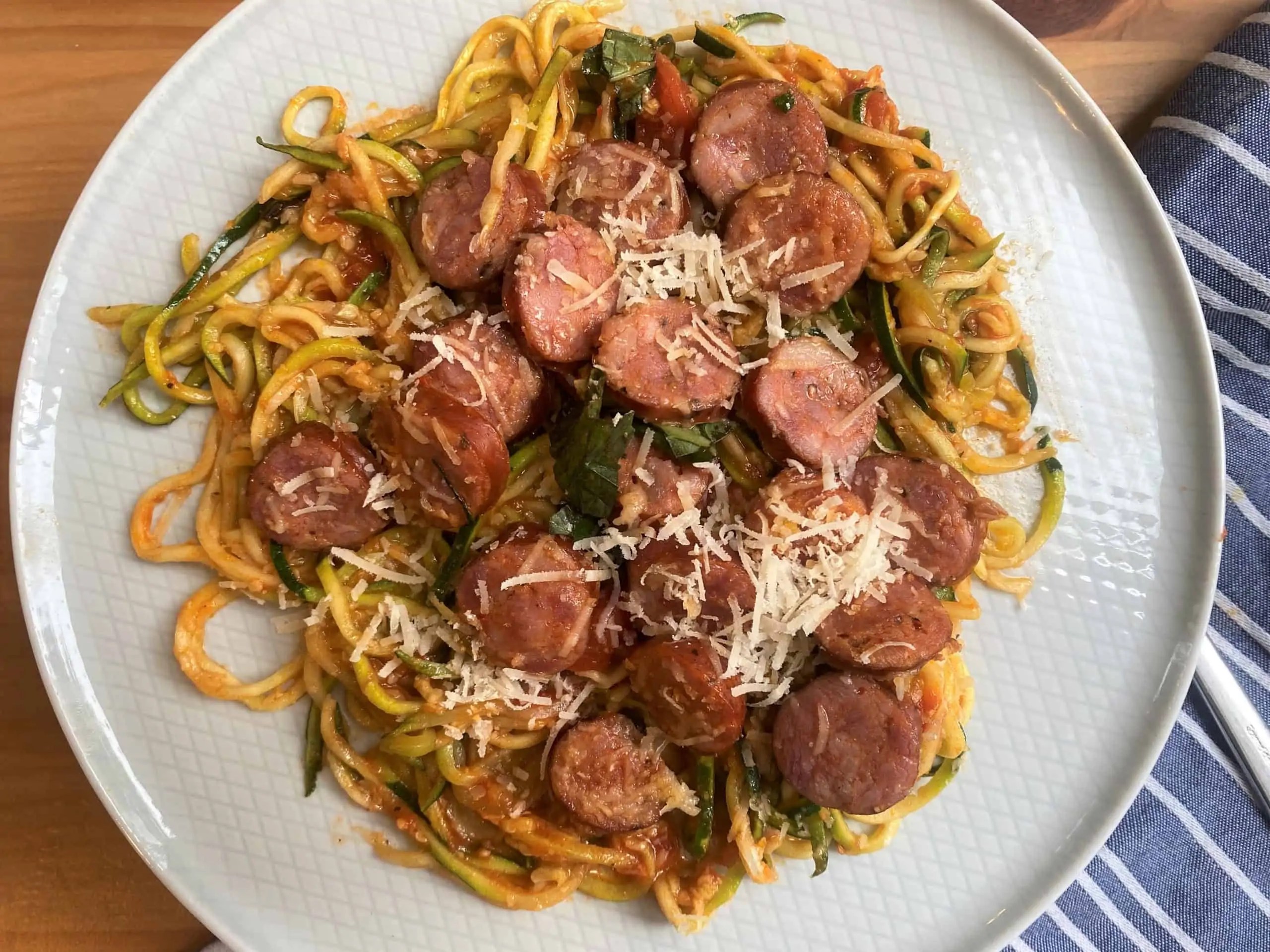 Spaghetti Zoodles and Sausage Sheet Pan Low Carb Simplified