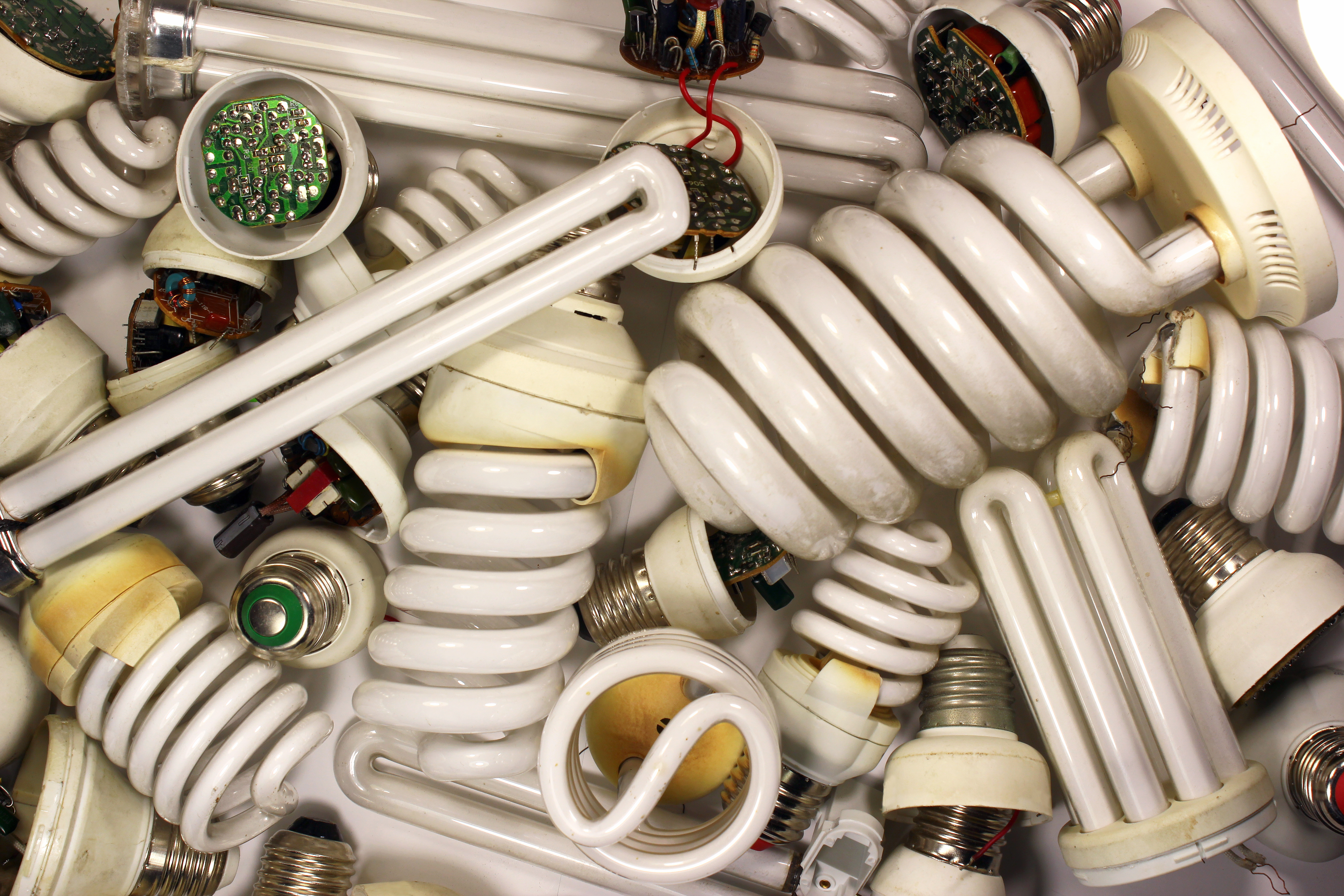 Old burnt fluorescent energy saving lamps. Hazardous and toxic ewaste Lowcountry