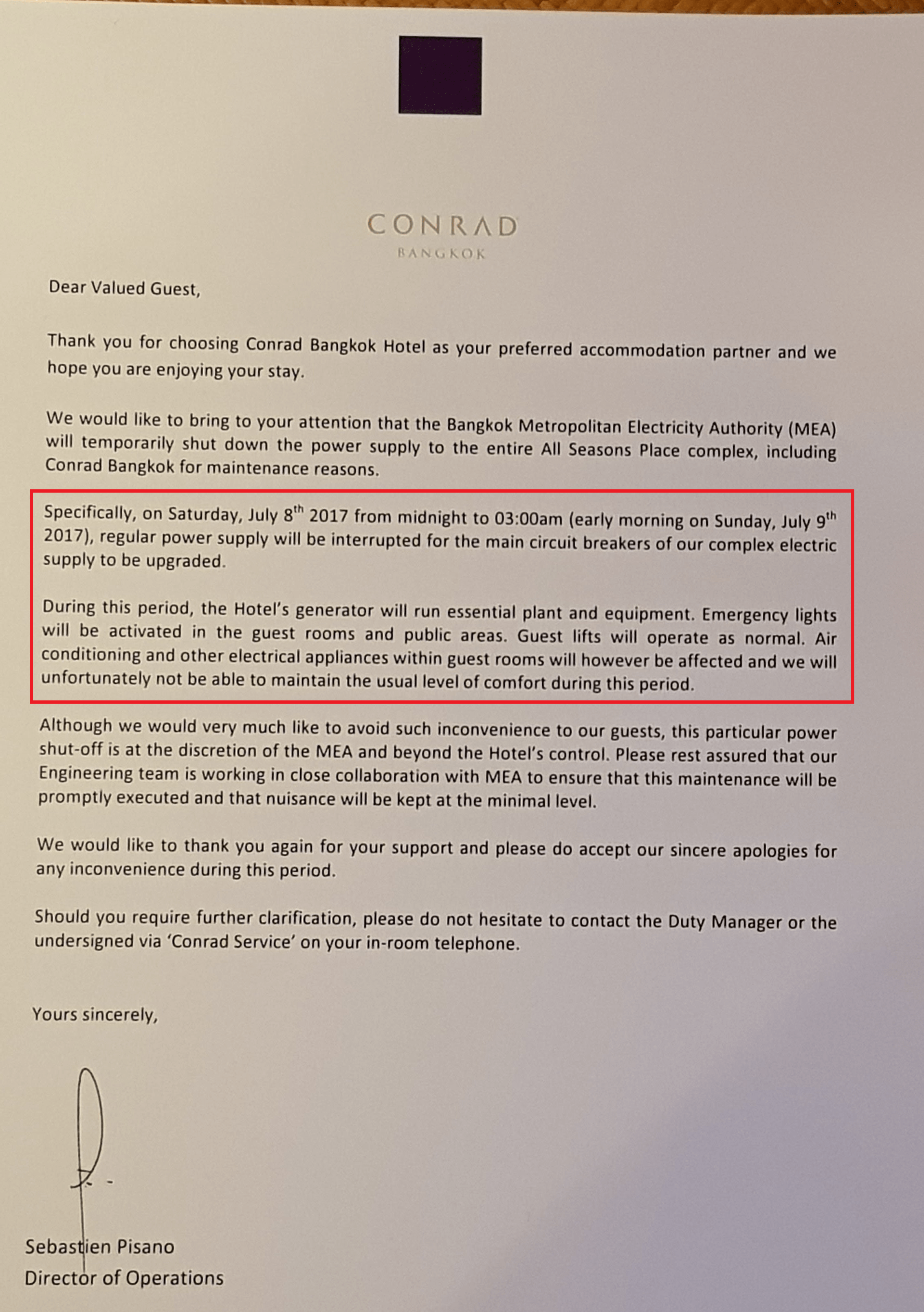 Whine Wednesdays No Proper Advance Notice For 3Hour Planned Power Outage At Conrad Bangkok
