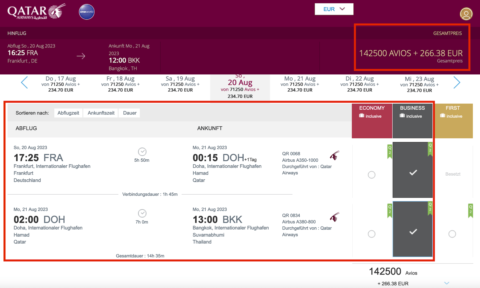 Price Difference Redeeming Qatar Airways Award Flight Through BA