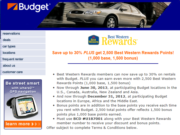 Best Western 2500 points with Budget car rentals Loyalty Traveler