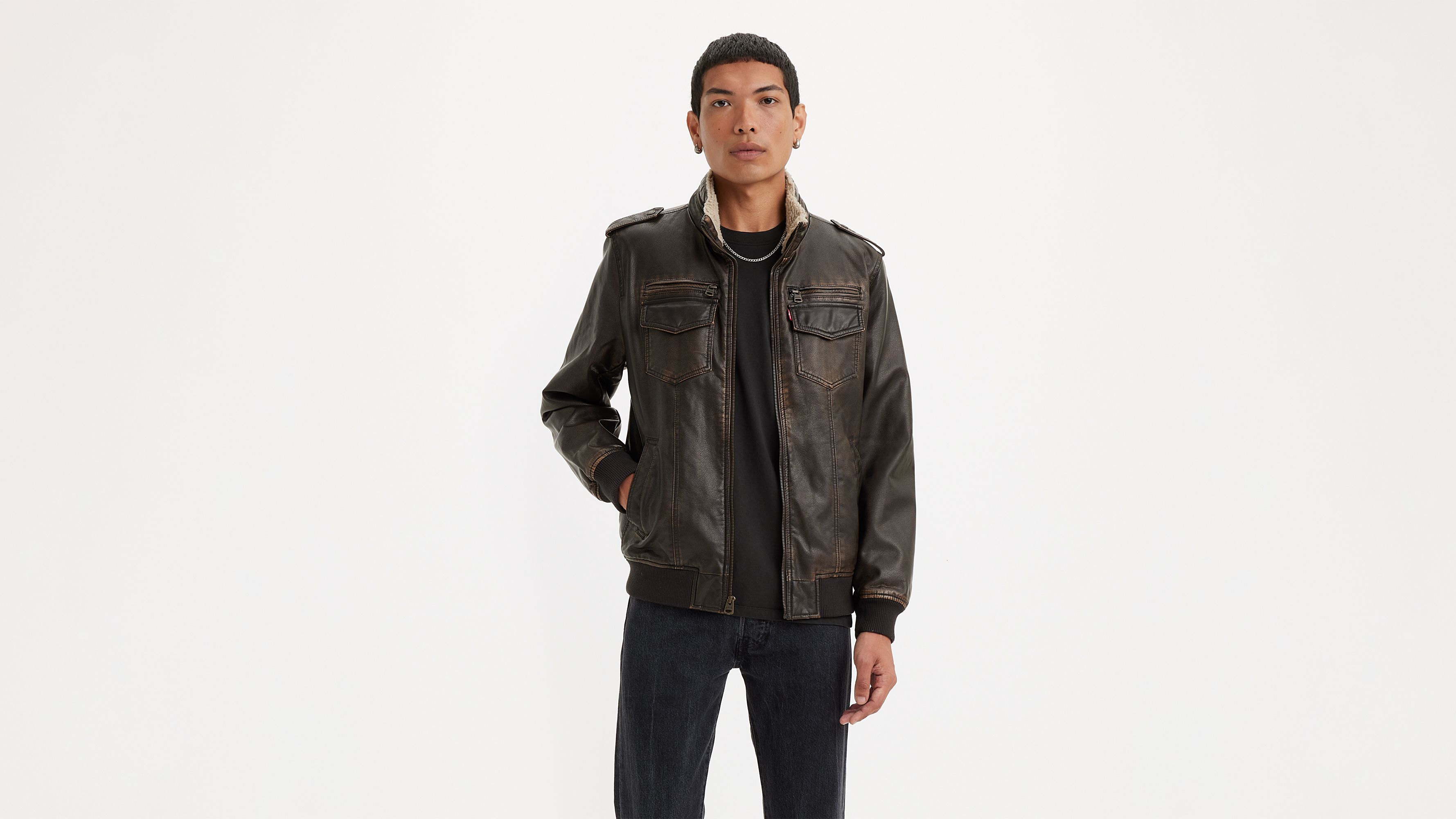 Faux Leather Sherpa Bomber Jacket - Black | Levi&rsquo;s® US