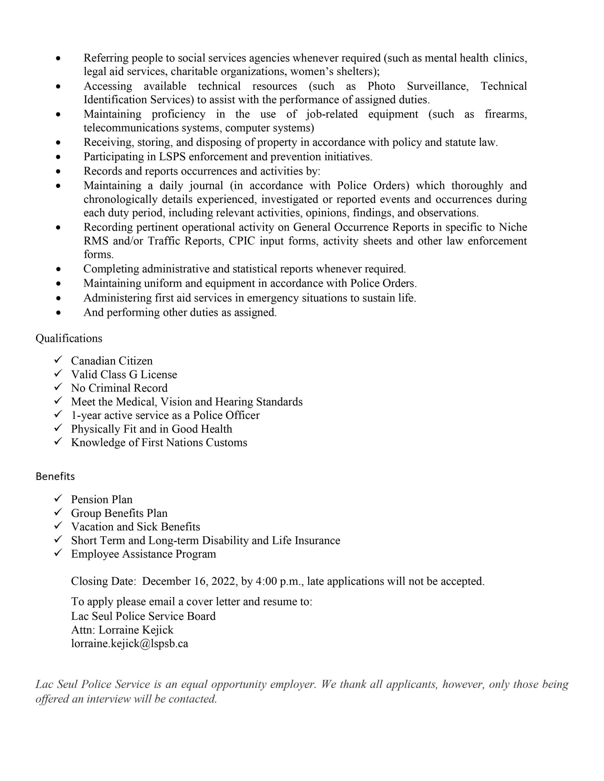 Careers Lac Seul Police Service