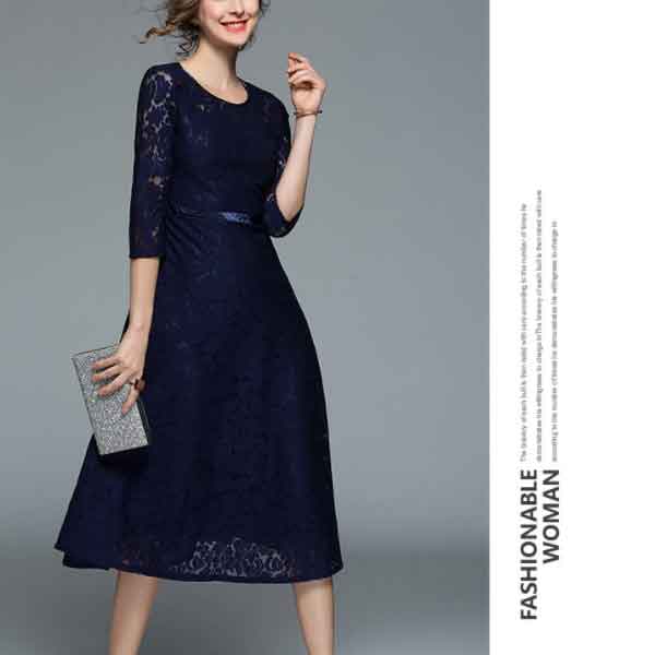 フォーマル 結婚式 ネイビー ワイン 40代 50代 60代 シンプルな7分袖のレースドレス[ON309] / お洒落なドレス通販《デ・ルセオ
