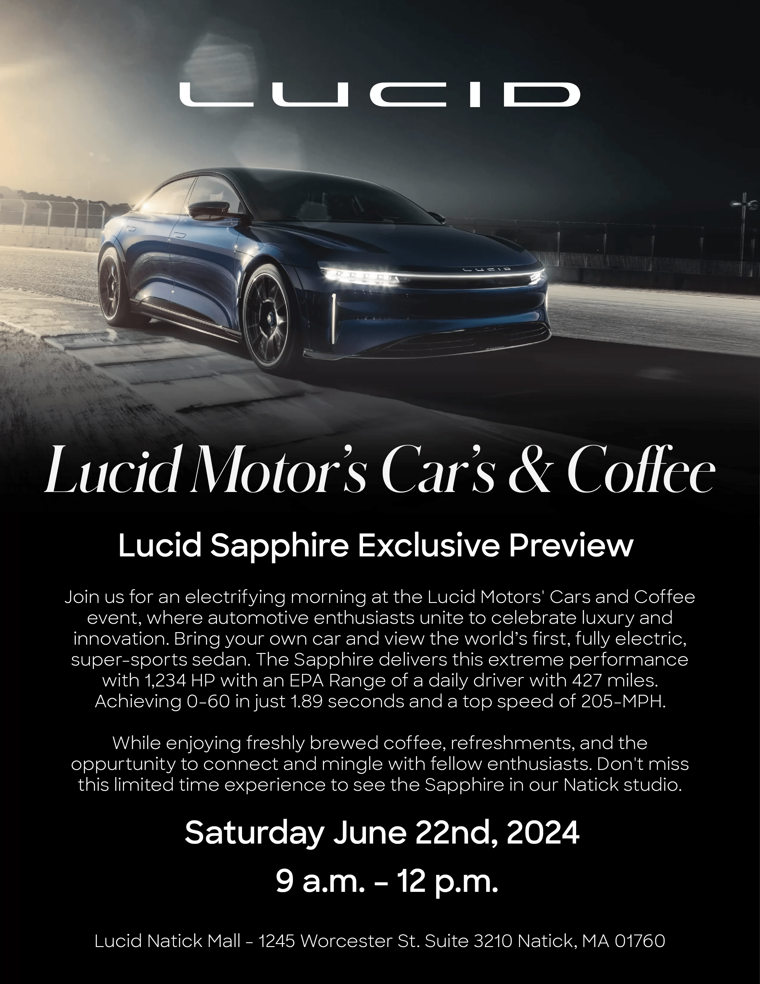 Natick, Cars and Coffee featuring Sapphire Lucid Owners Lucid